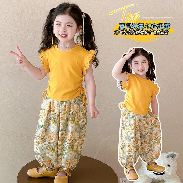 儿童抽绳花朵防蚊裤套装2025新款夏季女宝小飞袖T恤韩版洋气套装