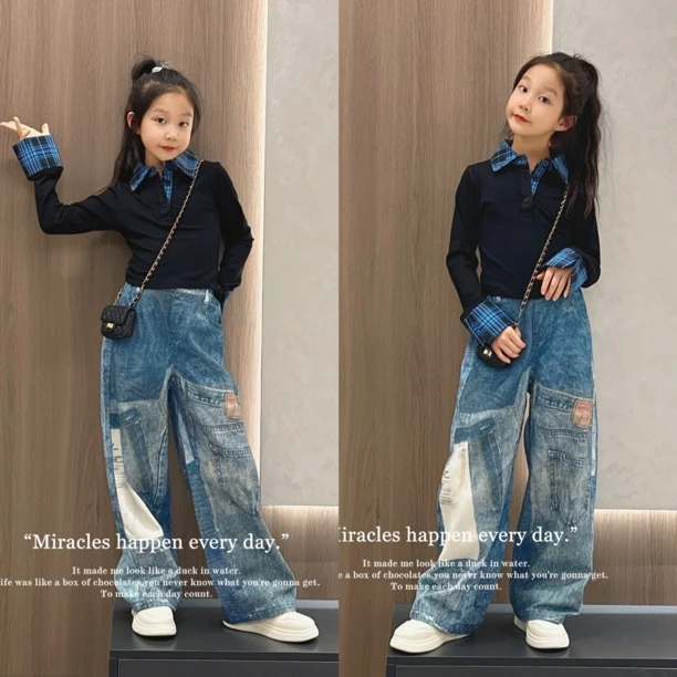 女童春秋短款长袖上衣阔腿裤套装2025新款儿童打底衫时尚补丁裤子