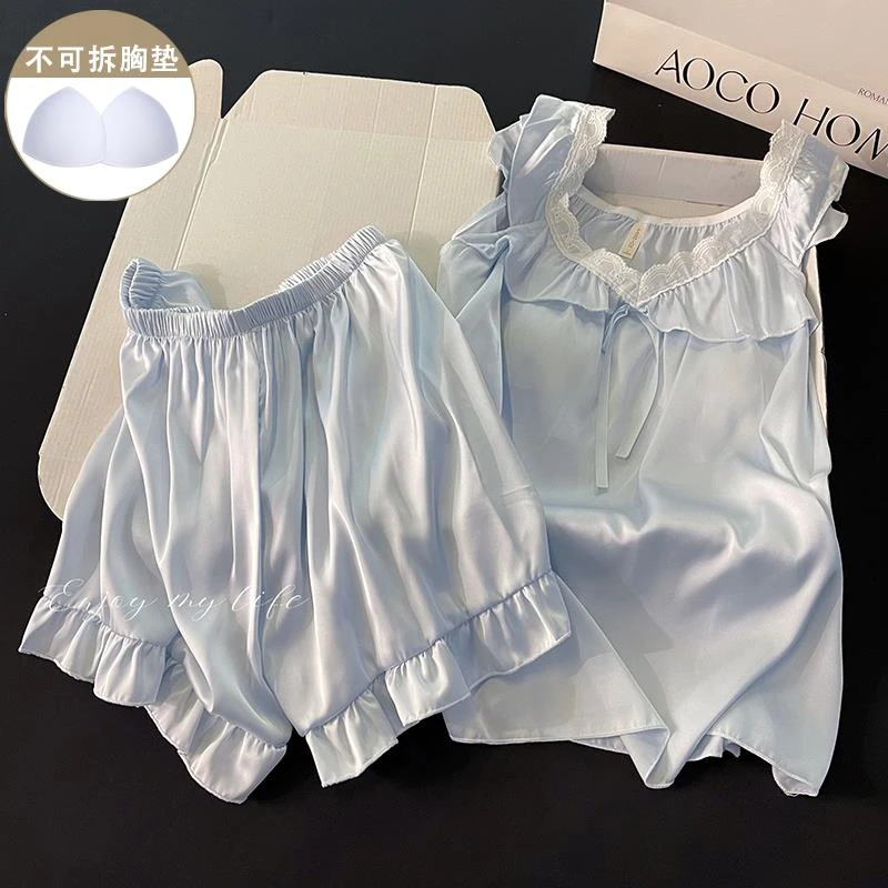 GPSUNLU蓝色冰雪丝睡衣女款夏季带胸垫蕾丝边高级感夏天家居服