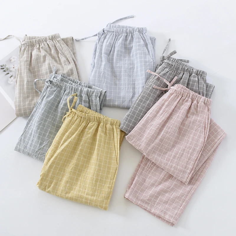 夏季日系格子情侣睡裤女纯棉长裤薄款宽松男春秋全棉家居裤可外穿