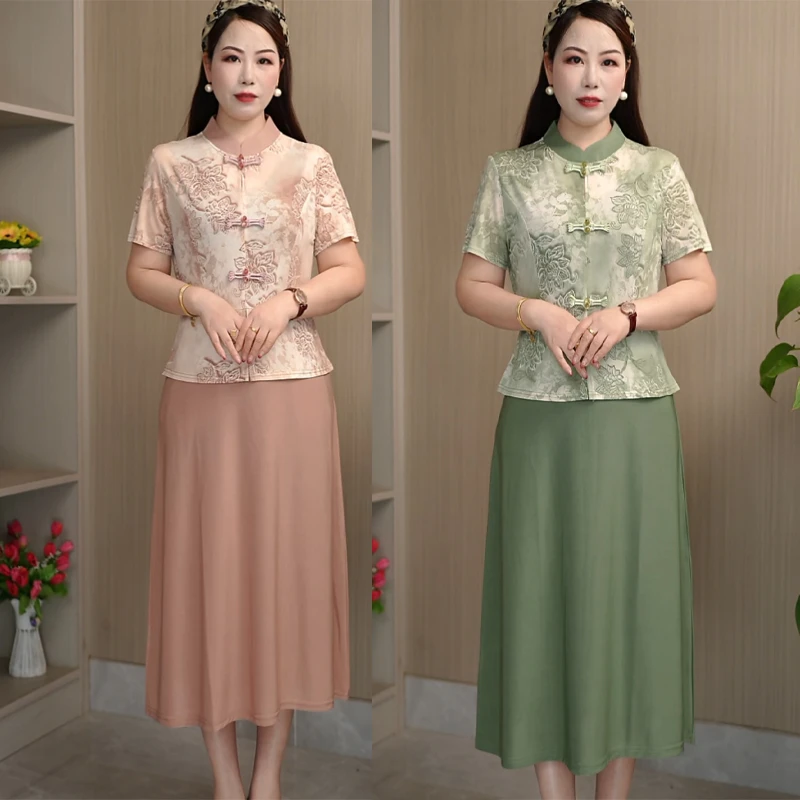 母亲节新款妈妈假两件连衣裙高档时尚气质盘扣裙子显瘦新中式女