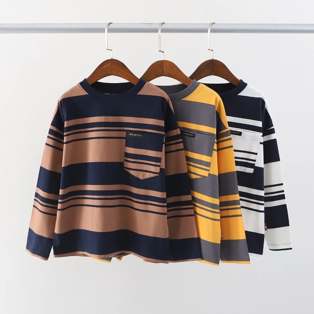 肉肉家-【斑马纹圆领T恤】儿童春季时尚设计款韩系宽松圆领套头上衣