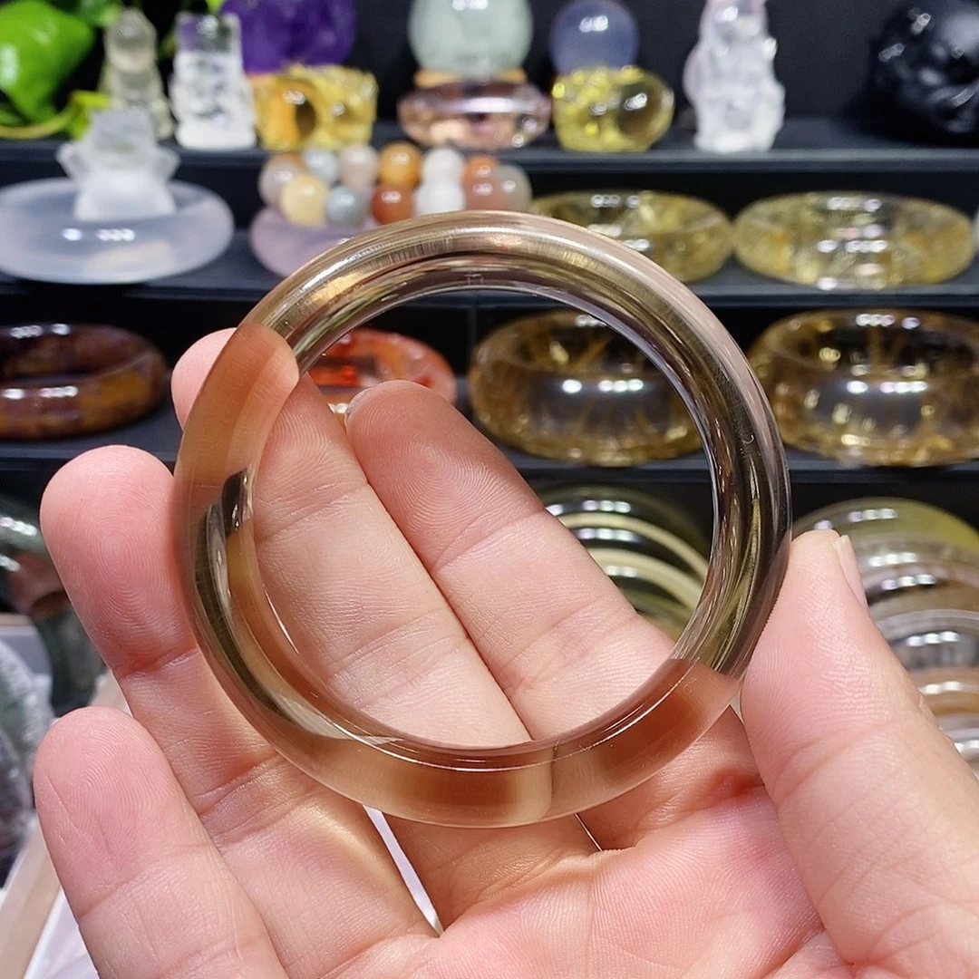 水晶未镶嵌手镯天然茶黄水晶手镯55圈口