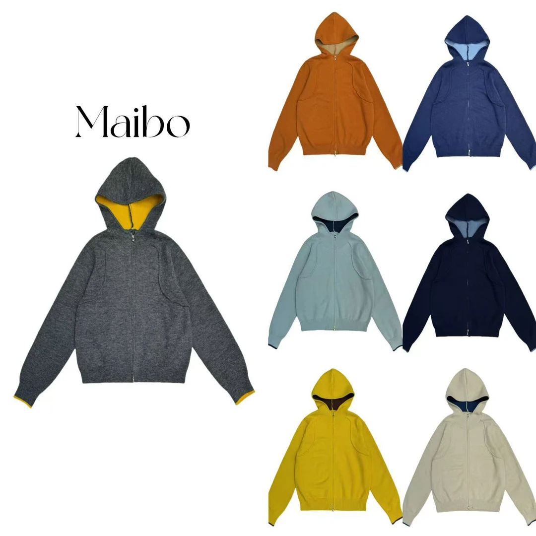 DD-7103连帽双拉链两色毛衣开衫