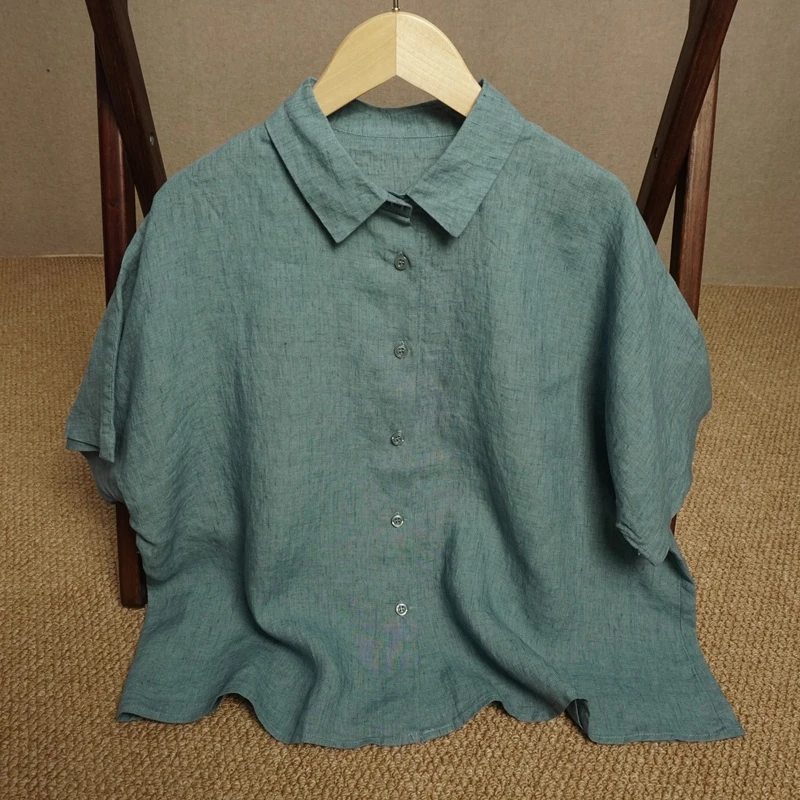 25支加密色织砂洗100%法国进口亚麻衬衣开衫上衣薄款蝙蝠衫宽松