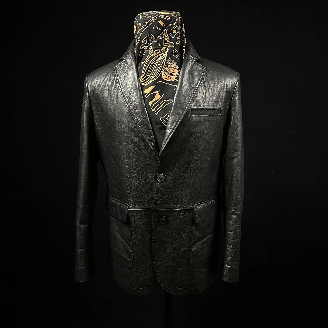 明星同款复古真皮皮衣男士西服帅气牛皮西装皮夹克外套重水洗经典