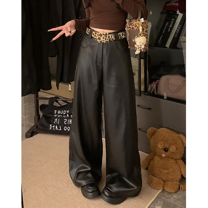 豹纹腰带pu皮休闲裤女秋季美式黑色皮裤高腰阔腿裤子直筒拖地长裤