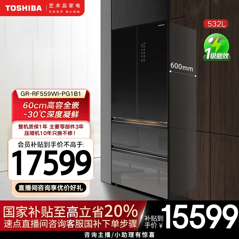 559东芝黑钻石冰箱高容全嵌法式四门镜面电冰箱制冰一级能效
