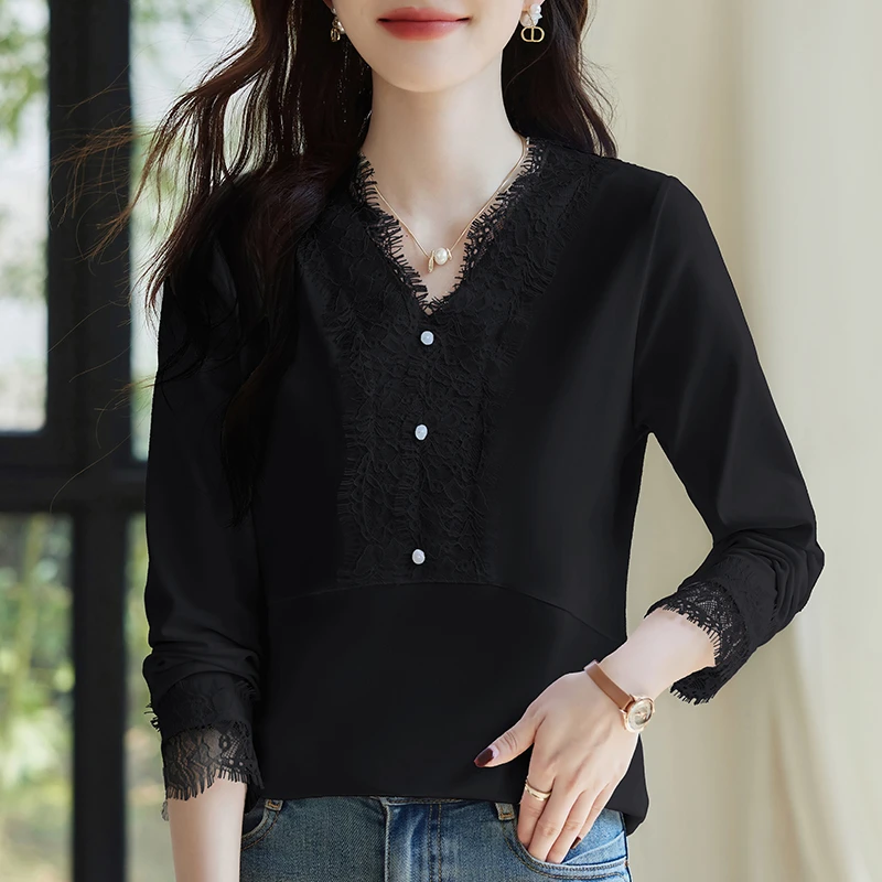 洋气蕾丝打底衫春季正肩显瘦v领长袖t恤上衣时尚高级女装百搭