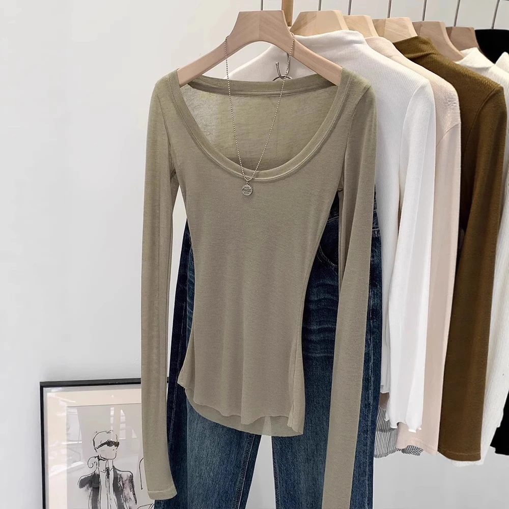 韩系chic低领口黑色修身长袖T恤女新款轻薄微透防晒罩衫上衣