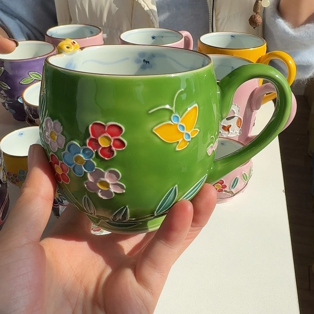 瓷清水烧交趾釉绿色花鸟马克杯