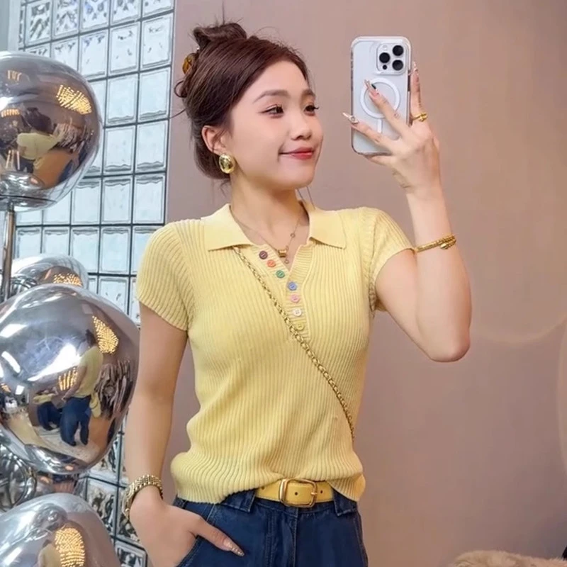 POIO领黄色短袖针织衫T恤设计感简约精致百搭上衣女装时尚夏季