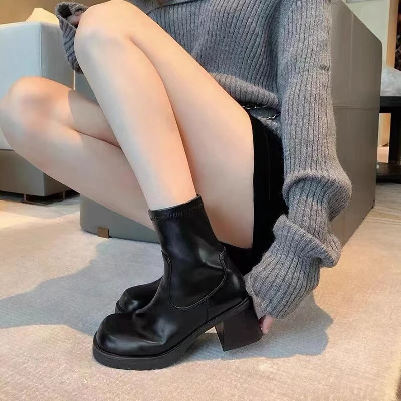 牛皮版~苏茵茵同款女团靴韩国粗高跟弹力包腿短靴女瘦瘦靴时装靴