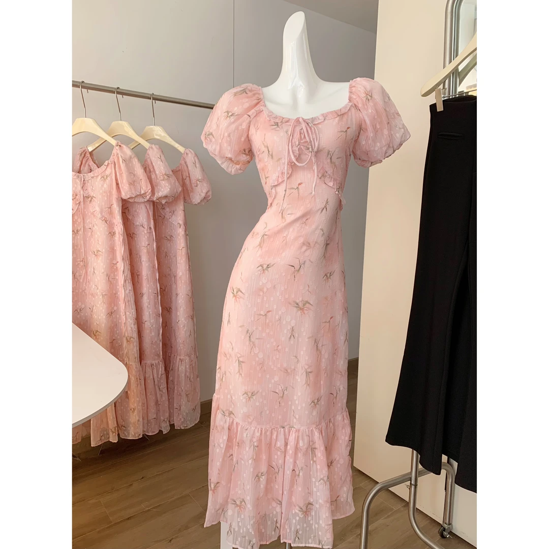 十三行新款2025夏季新款高腰显瘦长款V领碎花雪纺鱼尾裙连衣裙女