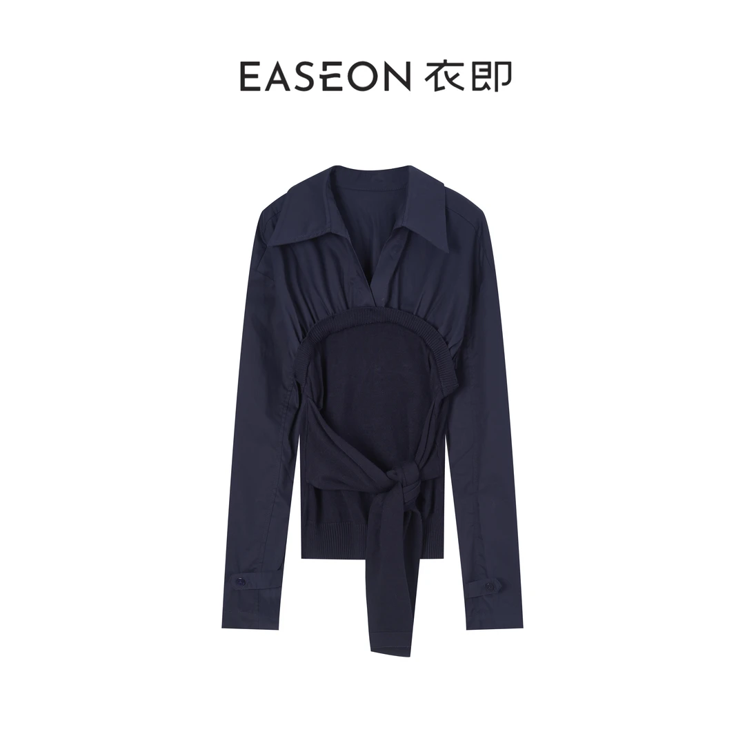 衣即「束间 」藏蓝气质衬衣秋季时尚修身长袖衬衫上衣女YP59CS8361