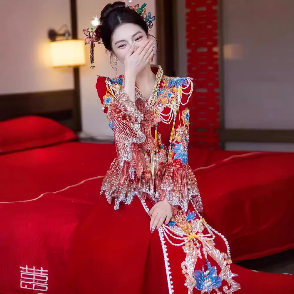 复古丝绒秀禾服2024重工新娘中式结婚敬酒嫁衣礼服古代婚服出阁服