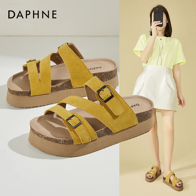 Daphne/达芙妮厚底勃肯凉拖鞋女夏季爆款外穿皮带扣休闲一字拖鞋