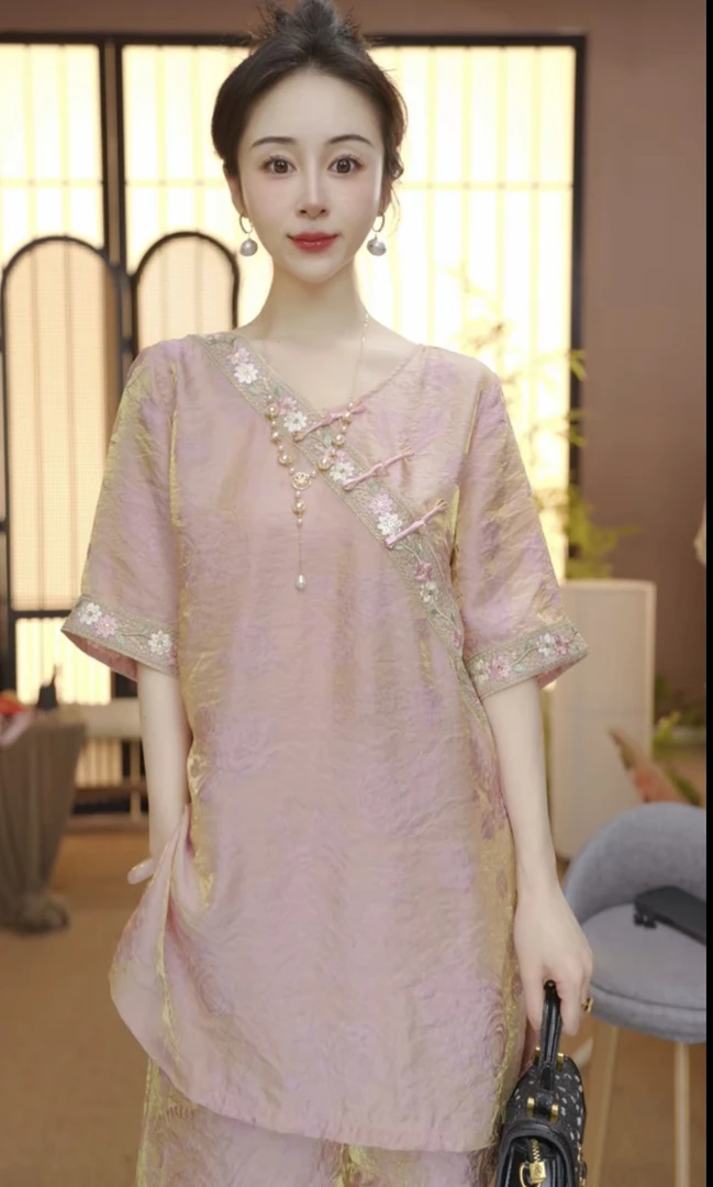 新中式夏季气质百搭提花立领短袖上衣+裤子女套装-098