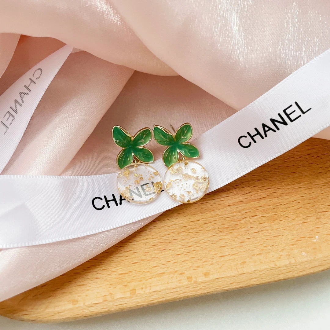 合金合成锆石耳饰 银针绿色山茶花耳钉法式油画风设计感鎏金耳环