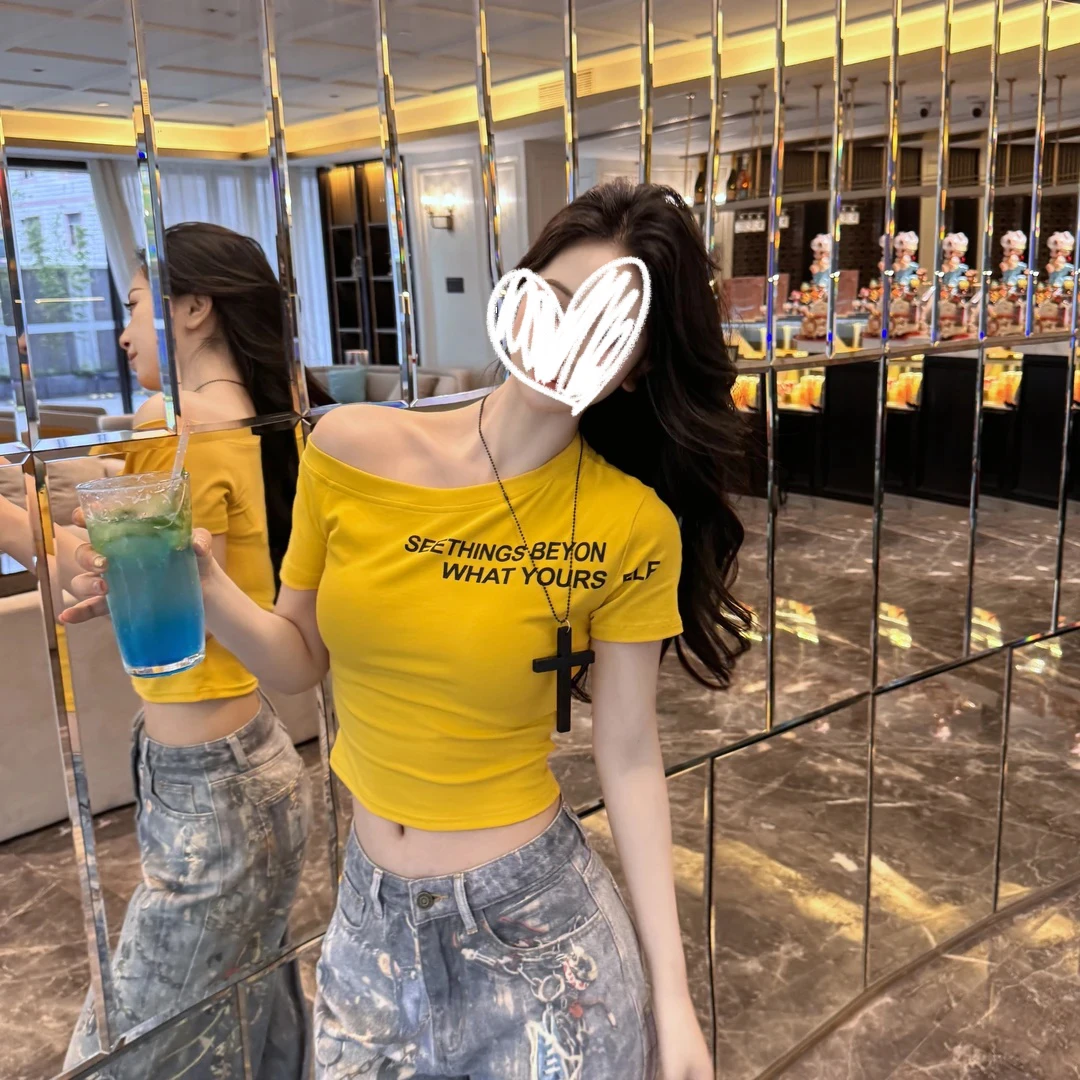 2025夏季新款短袖T恤百搭显瘦字母印花韩版时尚设计感修身上衣女