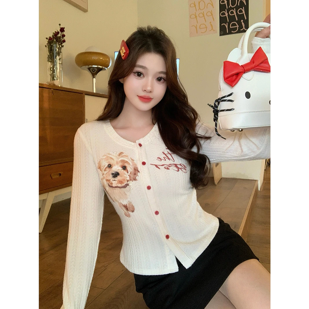 美美哒2025春装新款胖mm大码女百搭修身开衫卡通印花长袖T恤上衣