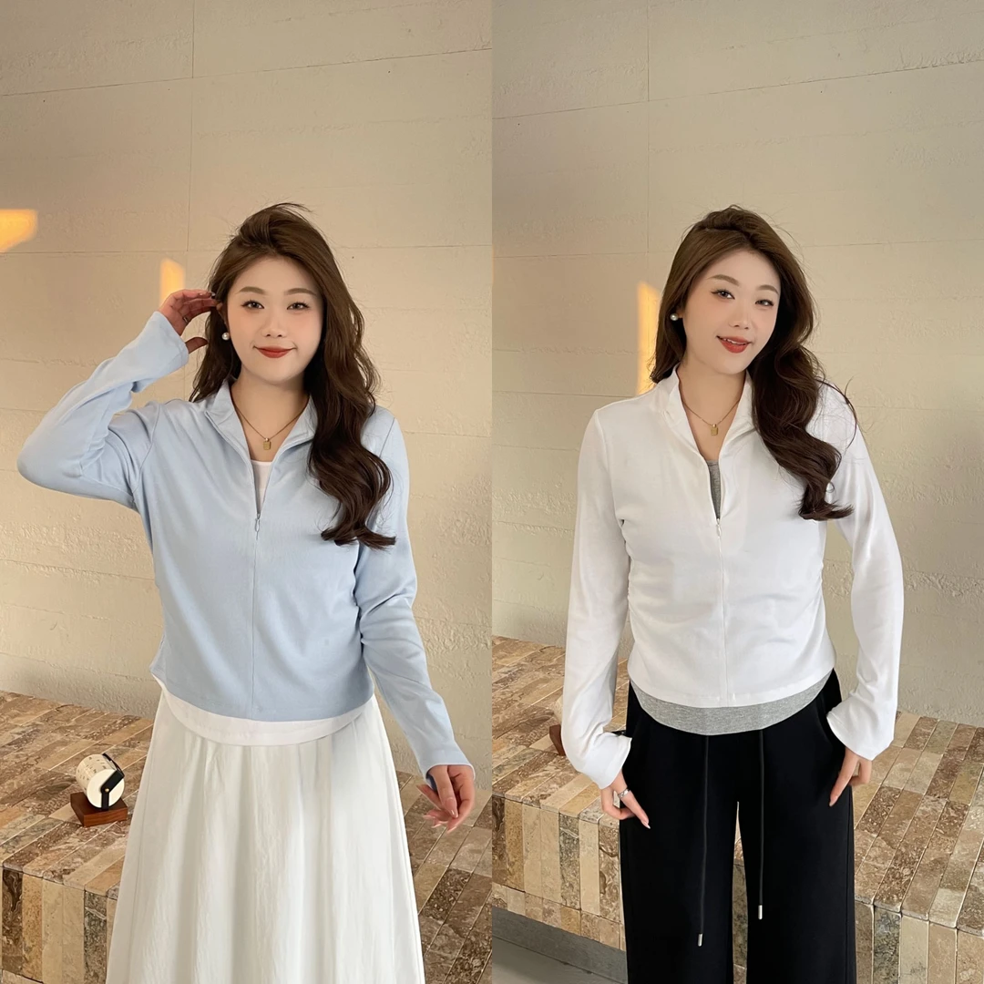 裂渡宣宣【海盐微甜】微胖大码女秋百搭显瘦假两件打底小衫ZY411Q36