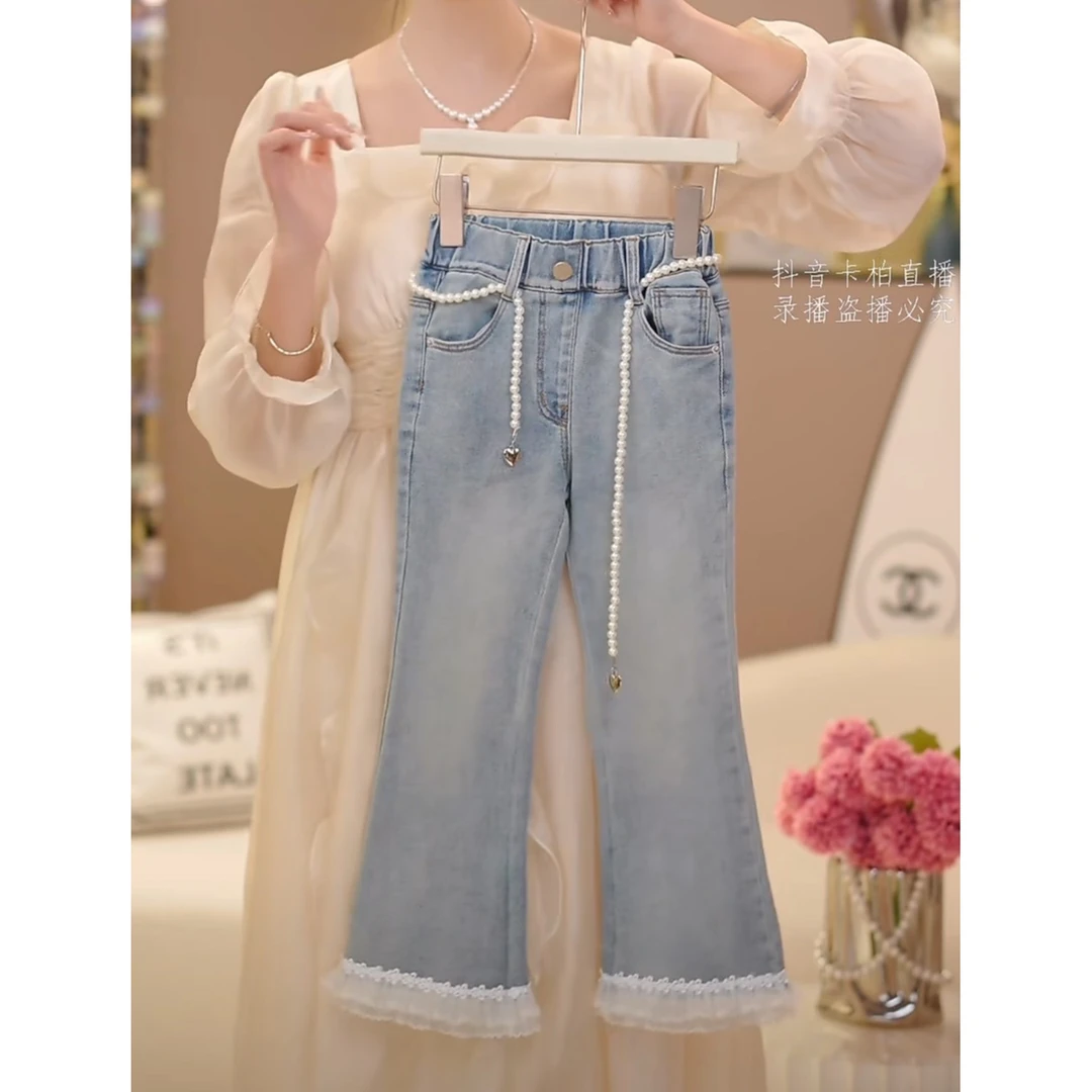 DURBEYQI/朵贝奇女童2025秋季新款松紧腰百搭腰链牛仔裤5199
