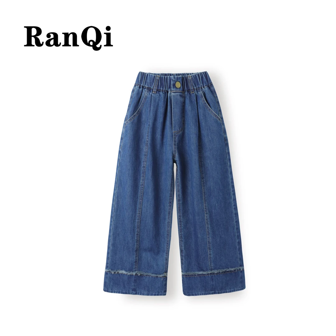 女童牛仔裤夏款2025夏季新款裤脚磨边款中大童百搭直筒裤A050