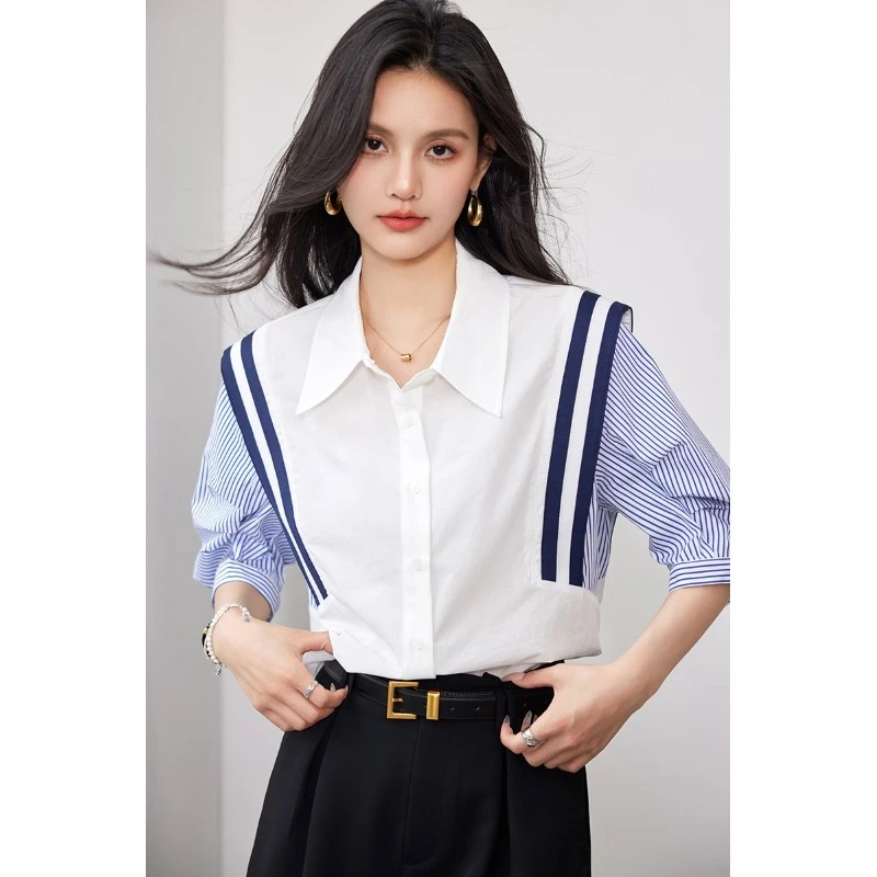 法式拼色撞色条纹上衣衬衫女夏季新款时尚宽松中袖显瘦气质衬衣