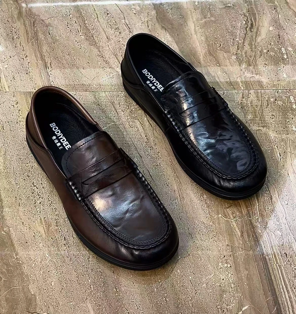 头层牛皮软底透气休闲套脚皮鞋平跟男鞋乐福鞋男士男款舒适真皮鞋