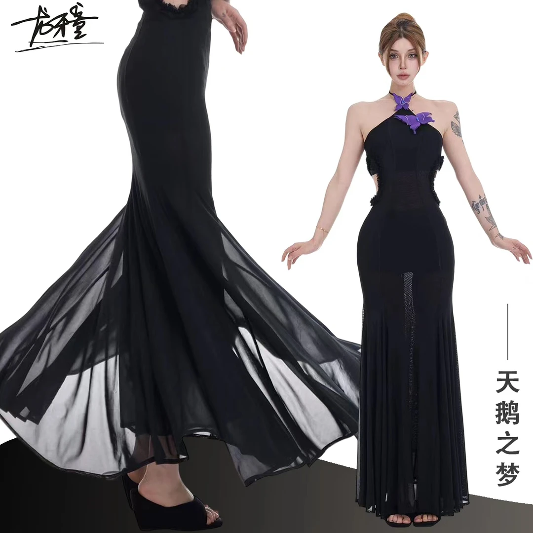 龙怼怼推荐【天鹅之梦】时尚气质高级立体蝴蝶结连衣裙性感镂空长裙