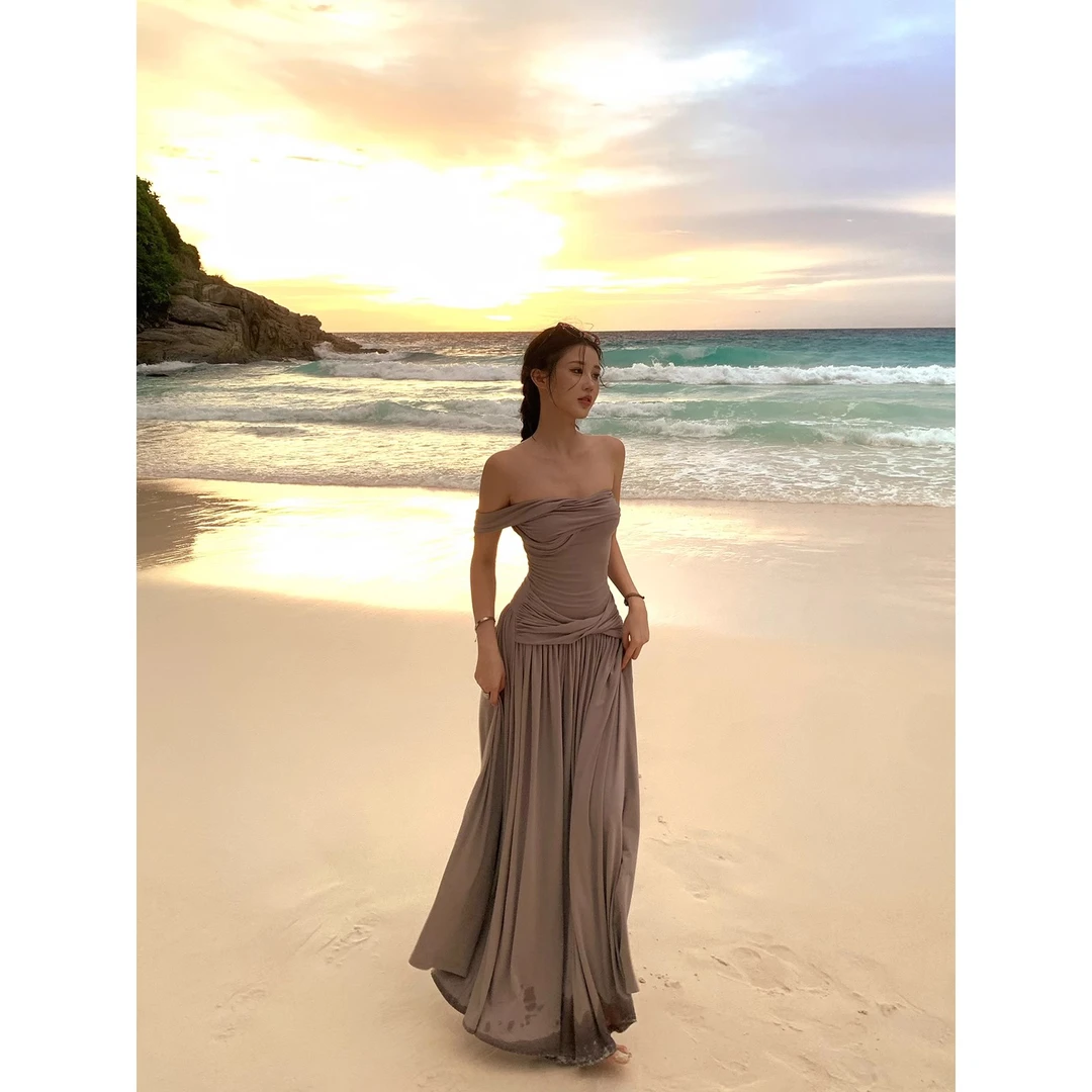 不冷BULENG 女夏季辣妹长裙性感一字露肩裙子挂脖吊带单肩连衣裙