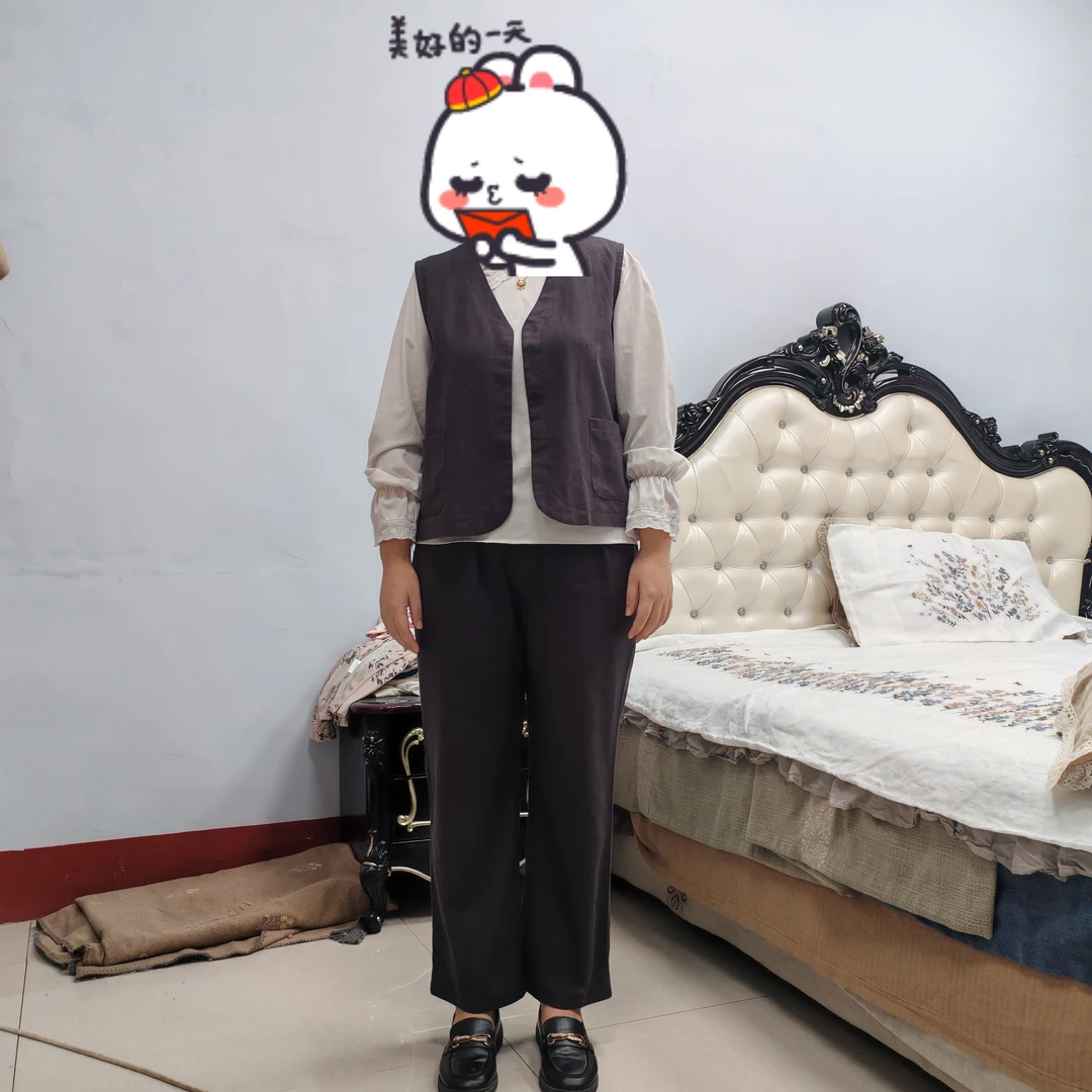 C72复古叠穿深灰色马甲与休闲裤时尚女秋套装