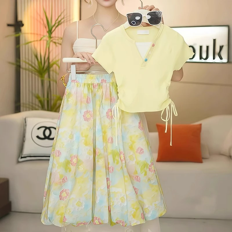 女童套装夏季2025新款洋气儿童短袖T恤夏装女孩时髦花苞裙两件套
