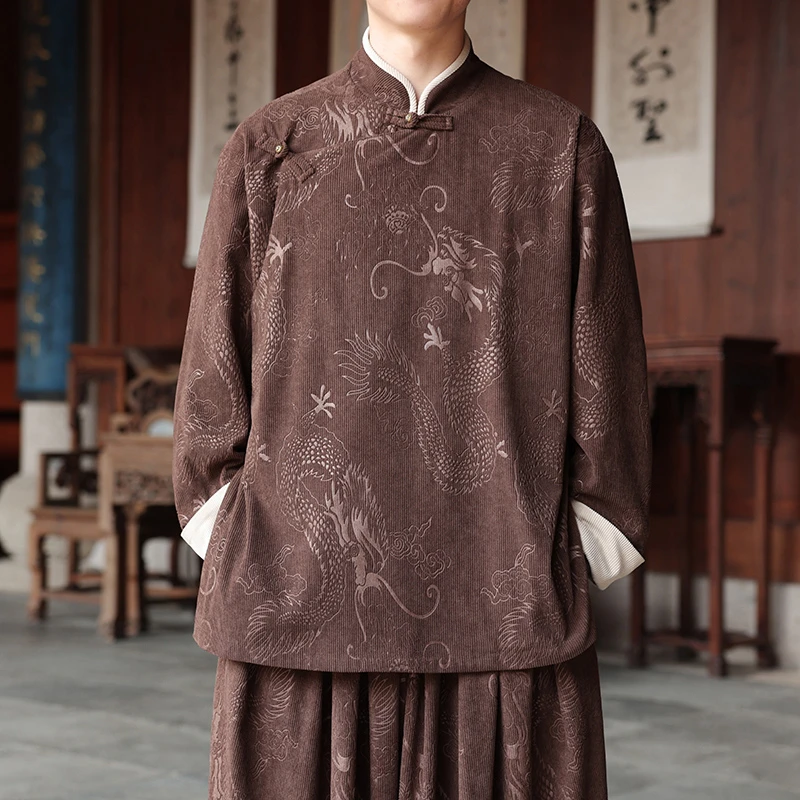 新中式男装春秋季新款灯芯绒复古唐装汉服休闲中国风长袖夹克外套