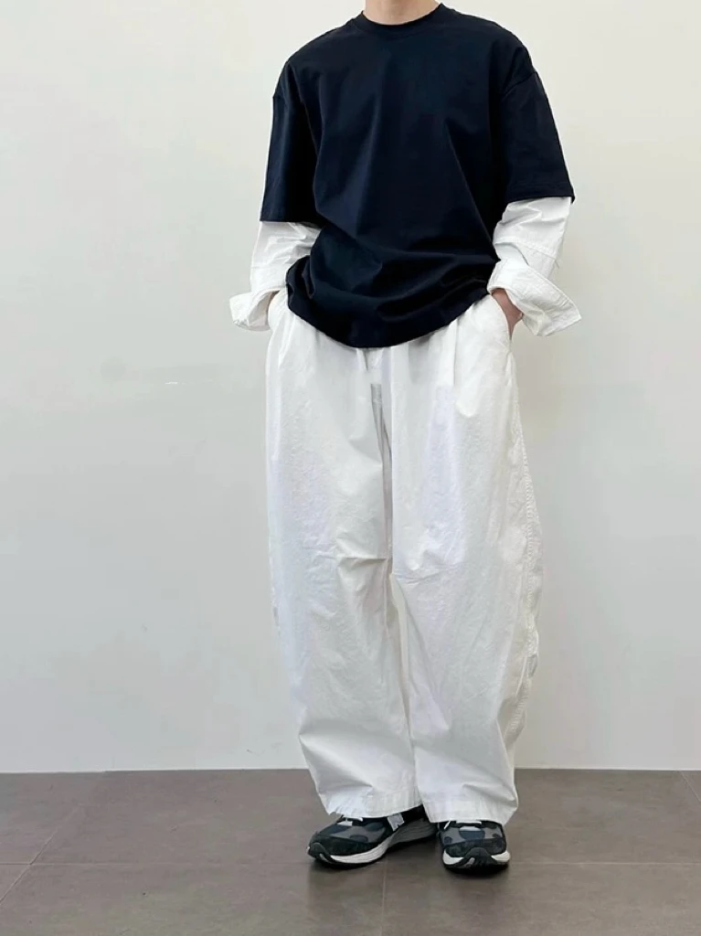 ARUI夏季新品“100%棉”美式潮男阔腿弯刀直筒休闲裤
