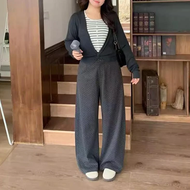 微胖大码女装秋季新款波点弯刀裤韩系休闲裤高腰显瘦胖mm直筒裤子