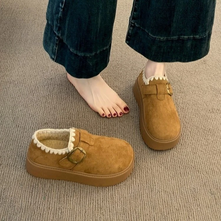 厚底加绒勃肯鞋女2025新款秋冬季豆豆乐福鞋保暖雪地靴低帮棉鞋子