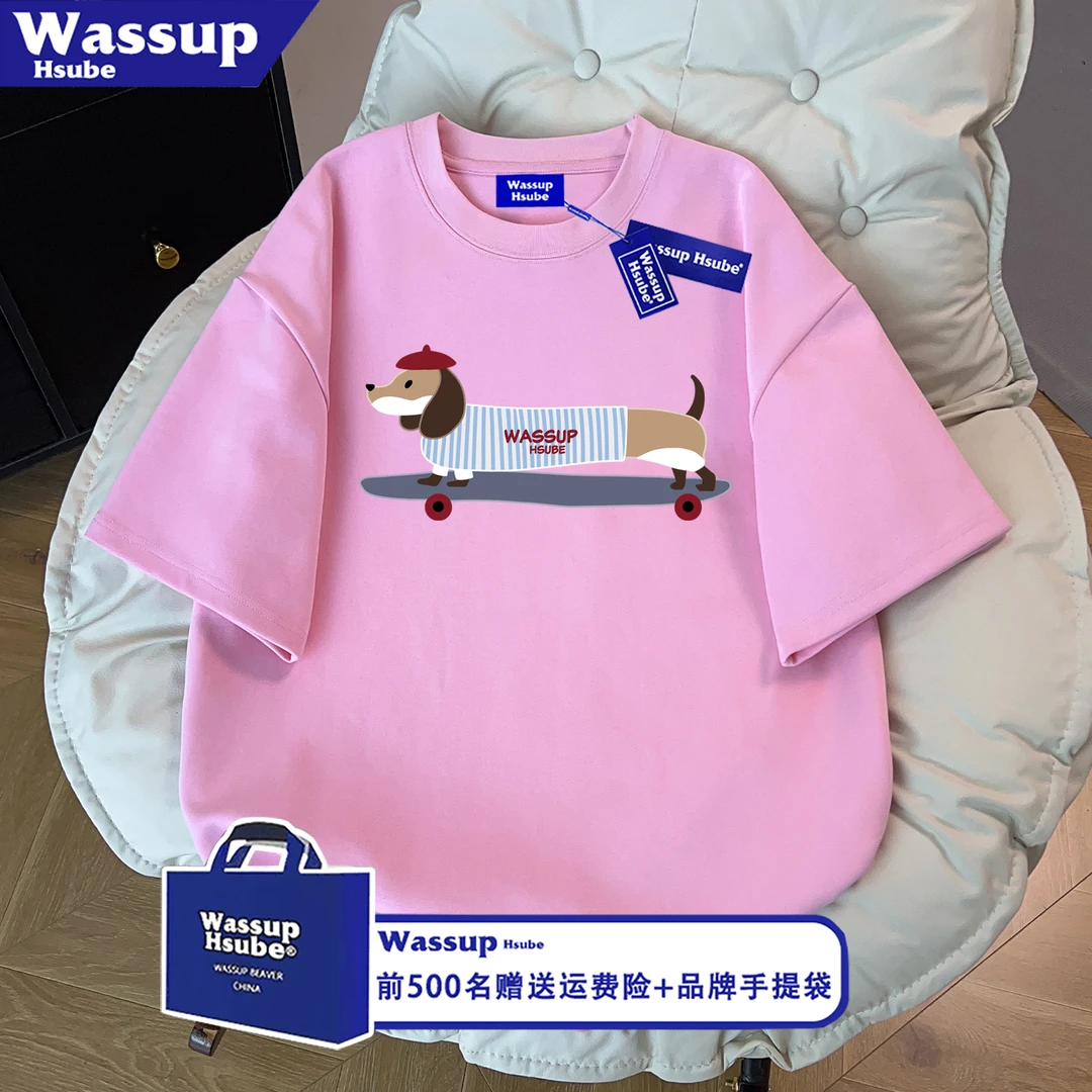 WASSUP HSUBEchic甜酷腊肠狗印花T恤男女款潮流纯棉圆领短袖上衣