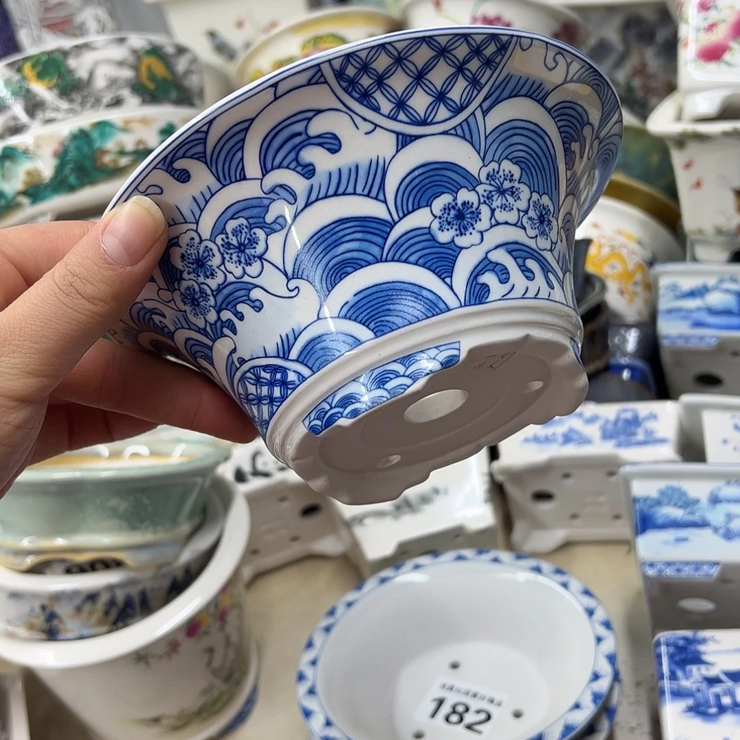 花盆紫砂137号瑕疵17/7cm仿手绘海浪花纹