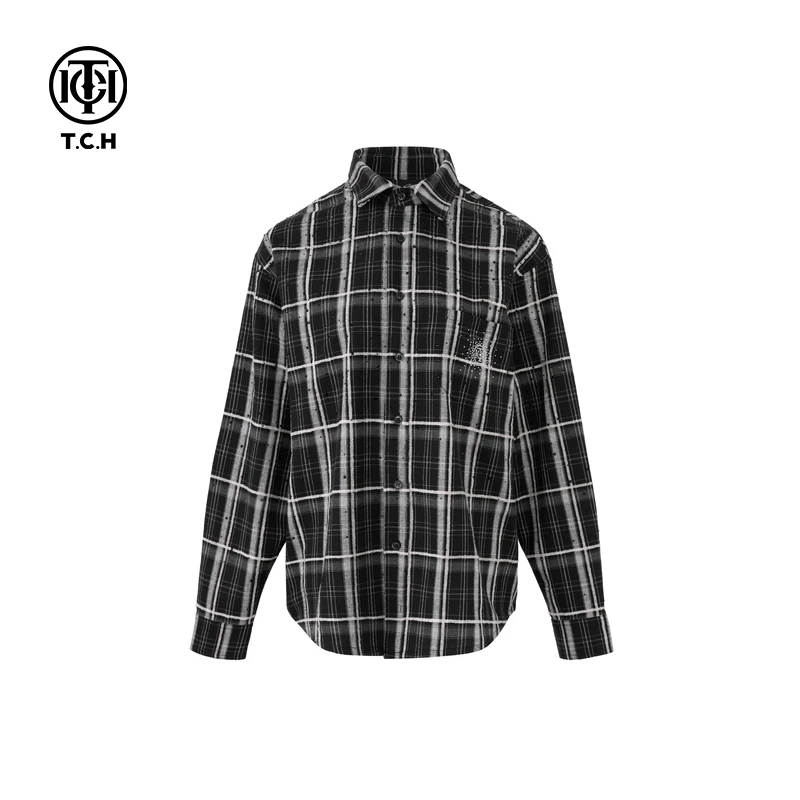 TCH 街头潮流复古宽松休闲黑白格子长袖衬衫情侣外套2025春夏新款
