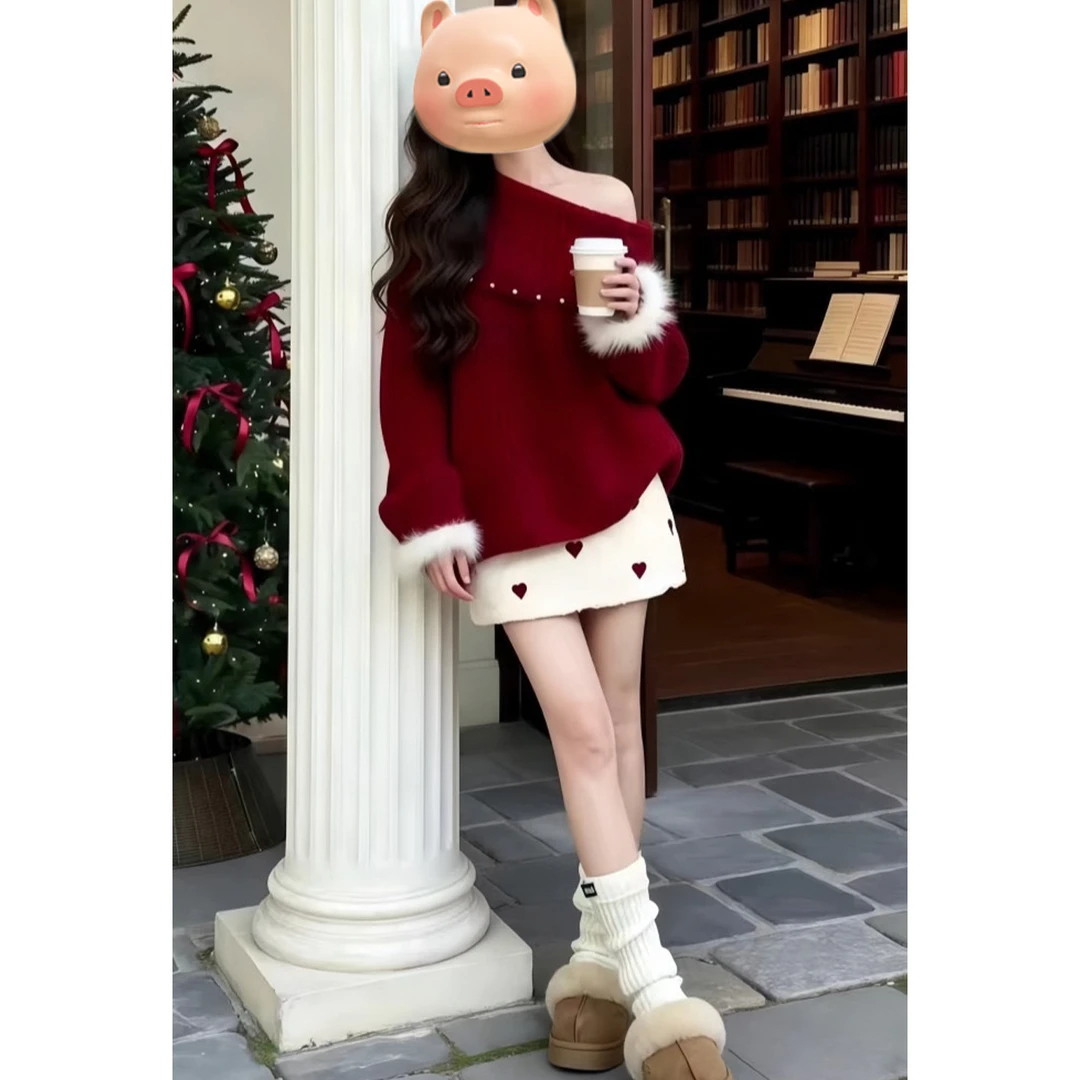 本命年新年穿搭红色一字肩钉珠毛衣女秋冬加厚宽松露肩针织衫上衣