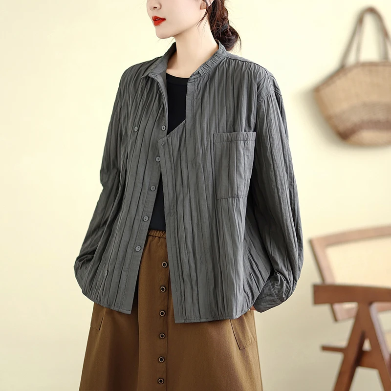 设计感肌理暗条不规则衬衣韩版简约灰色长袖衬衫洋气减龄上衣外套