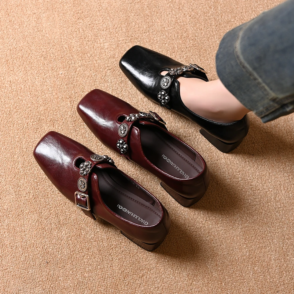 法式复古方头粗跟单鞋女2025春秋新款百搭一脚蹬金属扣玛丽珍鞋