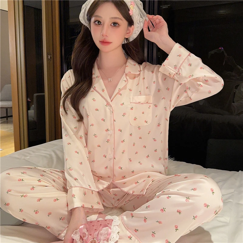 冰丝睡衣女夏季韩版性感长袖小碎花家居服套装送女友闺蜜礼物