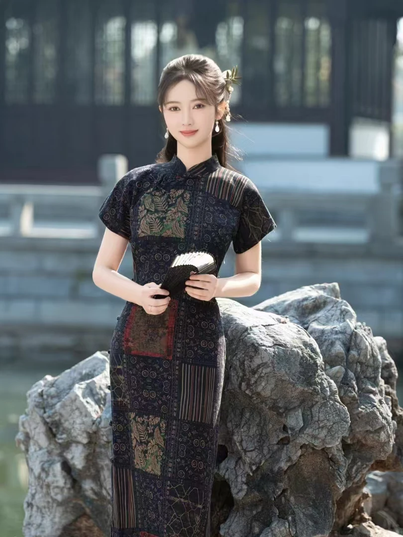 8528-旗袍2025新款藏蓝色显白年轻民国风老上海复古女装改良旗袍