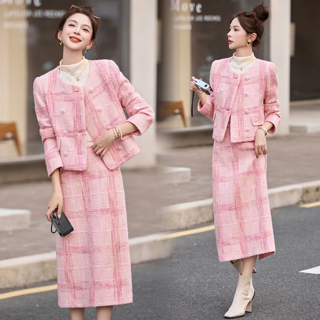 法式小香风毛呢套装裙女2025秋冬新款温柔风甜美气质半身裙两件套