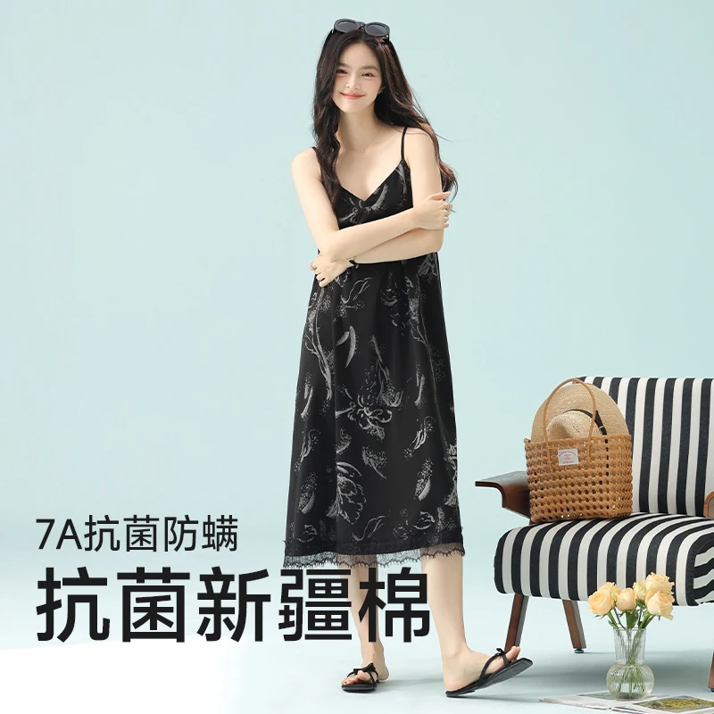 【新疆棉全棉】带胸垫|夏季睡衣女V领时尚轻奢黑色显瘦蕾丝边睡裙