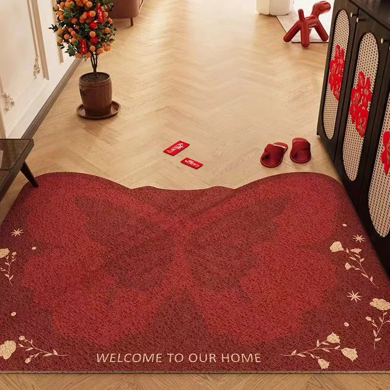红色新年喜庆蝴蝶入户门地垫加厚丝圈可裁剪地毯除尘耐脏防滑脚垫