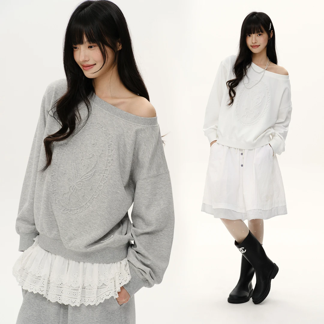 PSOBrand女装休闲花束立体压花时尚女小个子卫衣斜肩卫衣TKW004